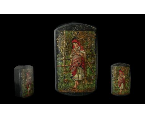 19th Century Black Lacquered Snuff Box with brass hinges, hand-painted with an image of a beautiful your peasant girl in trad