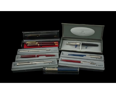 A Collection of Parker Vintage Pens (8) in total. To include a pen set, silver toned pens and a mixture of ball point and fou