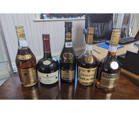 Collection of Five Bottles of Brandy, to include Hennessy Cocnac, Three Barrels, Couvoisier Cognac, and two bottles of Napole