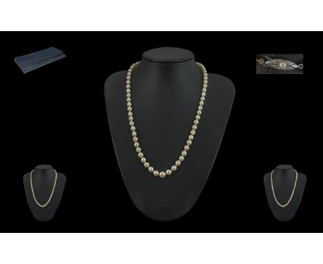 Single Strand Pearl Necklace, with 18ct gold fastener, set with a small pearl.  Necklace knotted between each pearl, approx. 