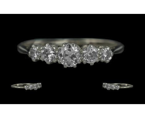 Antique Period - Pleasing 18ct White Gold 5 Stone Diamond Set Ring. Marked 18ct to Interior of Shank. The Semi Cushion Cut Gr