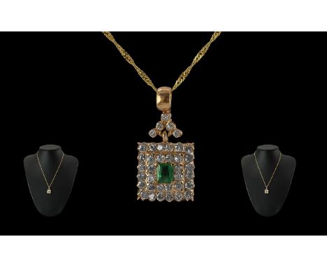 Antique Style - Pleasing Quality Ladies 14ct Gold Diamond and Emerald Set Pendant of Square Form / Cluster Design. Pendant No