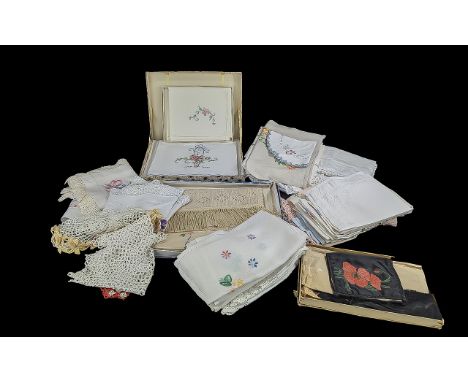 Box of Vintage Textiles, including crochet, embroidered, table clothes, etc.