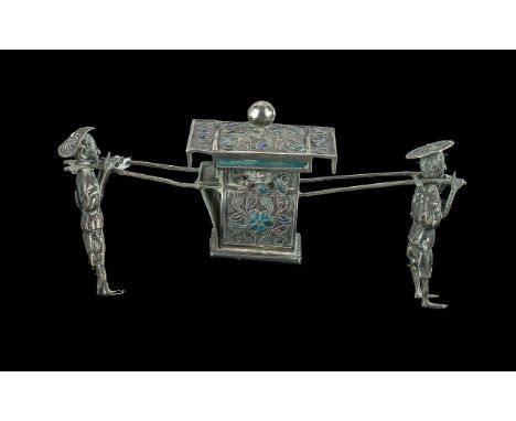 Oriental Silver Interest. Two Silver Miniature Oriental Men Carrying Goods, Very Decorative Throughout. Chinese Marks to Base