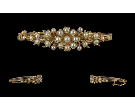 Victorian Period 1837 - 1901 15ct Gold Exquisite Pearl Set Hinged Bangle. Marked 15ct. The Well Matcher Pearls of Excellent C