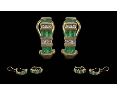 Ladies - Excellent Quality 14ct Gold Pair of Earrings Set with Emeralds and Diamonds In a Semi-Hoop Design. Marked 14ct - 585