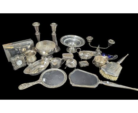 Collection of Silver Hallmarked Items, comprising a cigarette box, hairbrush and two mirrors, pair of candlesticks, twin bran