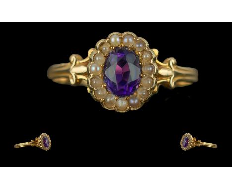 Antique Period - Attractive and Exquisite Ladies 18ct Gold Amethyst and Seed Pearl Set Cluster Ring. Marked 18ct to Interior 