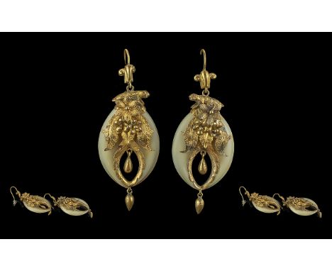 Antique Period Ladies Pleasing 14ct Gold &amp; Jade Set Pair Of Earrings - With Naturalistic Look. Not Marked But Tests 14ct.