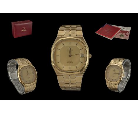 Omega Deville Gents Gold Tone Quartz Wrist Watch - Date Of Purchase 18.09.87. With Champagne Dial. Just Date Display Window. 