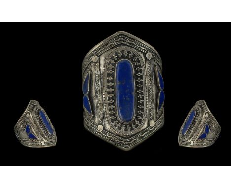 Large Lapis Cuff, white metal.  Large oval Lapis set in wide white metal bangle decorated with engraving.