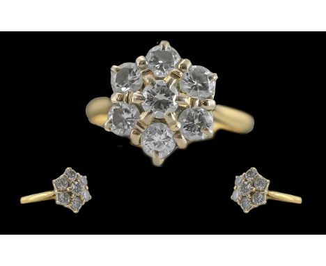 Ladies 18ct Gold Diamond Set Cluster Ring, Flower head Setting. Full Hallmark to Interior of Shank. The Round Brilliant Cut D