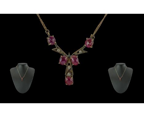 Antique Ruby And Diamond Pendant Necklace, Five Polished Oval Cabochon Rubies  Between Four Round Cut Diamond Spacers, Suspen