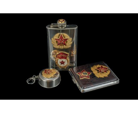 Soviet Armed Forces Flask, two badges, stainless steel.  Together with a collapsible cup with key chain, and a Soviet cigaret