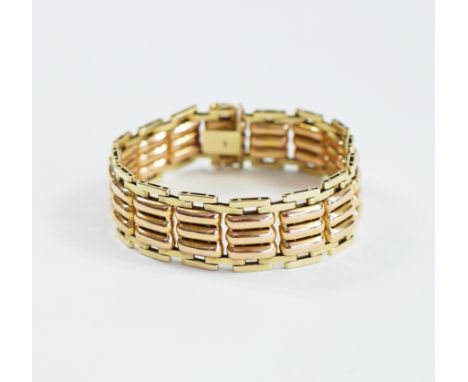 Breiteres gegliedertes Armband 14 K Gold, bicolor, gestempelt. Geometrisch gegliedertes Armband, beweglich und fein gestaltet