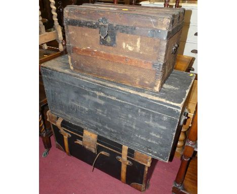 An early 20th century black painted hinge top travelling trunk, with iron end carry handles, width 88cm, together with a blac