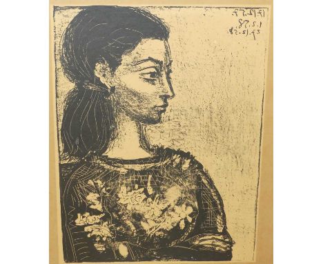 Pablo Picasso - Jacqueline, reproduction monochrome print, bearing a label verso for Sheridan Knowles &amp; Co Ltd, max dimen