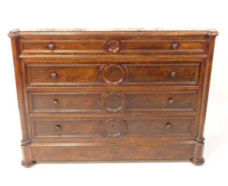 A 19th century French rosewood and marble topped commode, having proud corners flanking four long drawers, w.127cm, d.54cm, h
