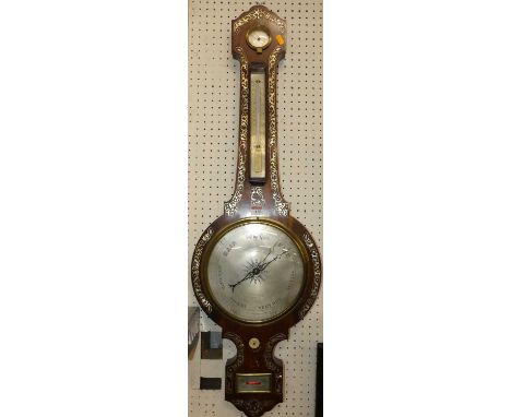 An early 19th century rosewood and floral mother of pearl inlaid four dial wheel barometer, the lower silvered scale signed P