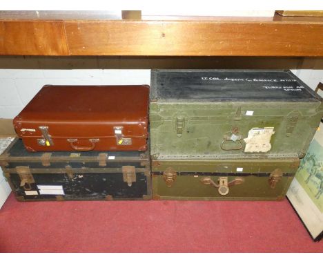 Military issue metal bound trunk, annotated for Lt. Col. Joseph Gallick, together with two other metal bound trunks, and a fa