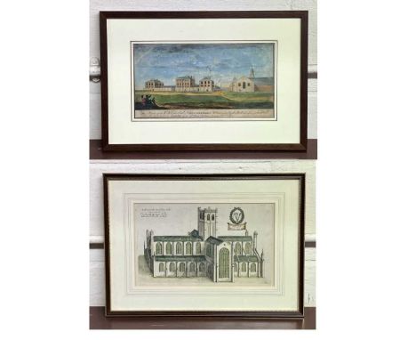 After Daniel King - The South Prospect of the Cathedral Church of Bath, coloured etching, visible sheet 18.5 x 31cm, together