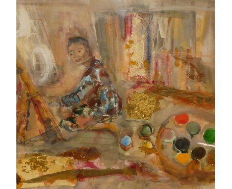 Contemporary school - Artist's Studio, mixed media, indistinctly signed in pencil lower right, 30x32cm