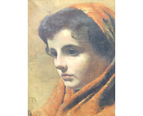Circa 1900 school - Louiska, head and shoulders portrait of a gypsy girl wearing a headscarf, oil on canvas, signed with mono