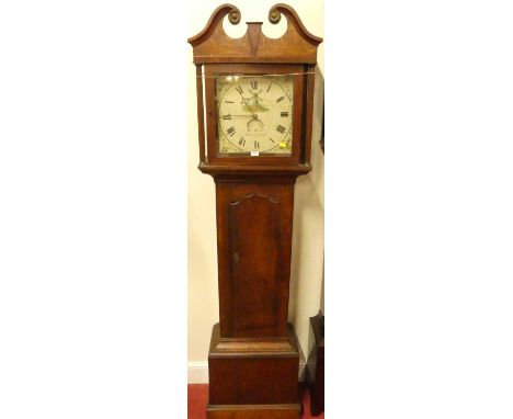 A circa 1800 provincial oak longcase clock, the painted square dial signed William Bearn, Wellingborough, having 30 hour move