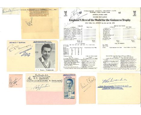 Cricket collection 9 vintage signature pieces includes Don Bradman, Colin Cowdrey, Tony Greig, Brian Close, Roly Jenkins, Dou