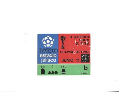 Football Mexico 1970 World cup finals match ticket England v Czechoslovakia 11th June 1970 very rare. Good Condition. All aut