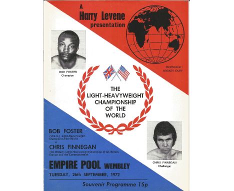 Boxing programme Bob Foster v Chris Finnegan Light Heavyweight Championship of the World Empire Pool Wembley 26th Sept 1972. 