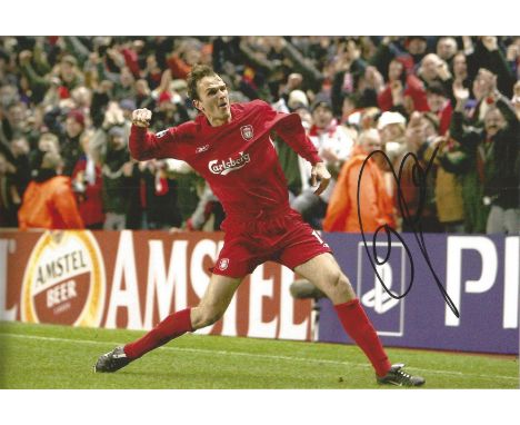 Dietmar Hamann 12x8 signed colour football photo pictured celebrating while playing for Liverpool. Throughout his career, he 