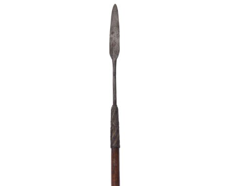 Good Quality Zulu Throwing Spear “Isijula”, this example with steel leaf shaped blade and straight stem. Two tone wire bindin