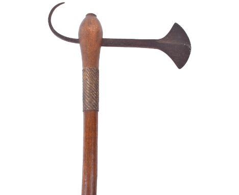 Zulu / African Tribal Battle Axe, having a steel tang with fan shaped head and upward curved spike, wooden haft with three se