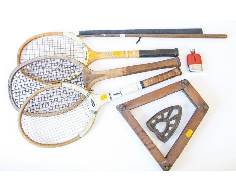 A pair of conductors batons, (one ebony), a miniature hip flask, and three wooden tennis rackets from Dunlop, Queens etc with