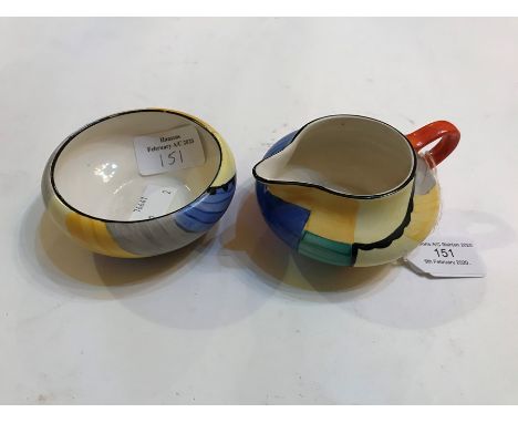 A Susie Cooper Cubist 1920's milk jug and sugar bowl, Grays pottery back stamp to underside.