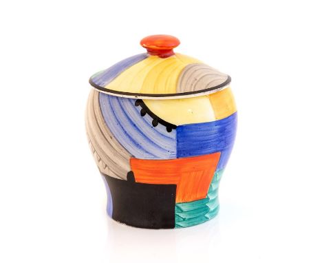 A Susie Cooper 1920's Cubist preserve pot with lid, Grays pottery back stamp to underside. 10cms high approx.Condition : No r