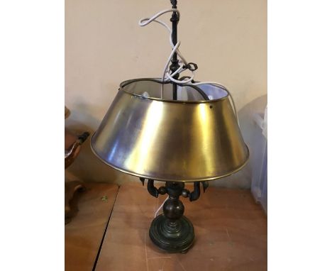 A late 20th century table lamp with three swan necked branches and shade with gold finish, wired.