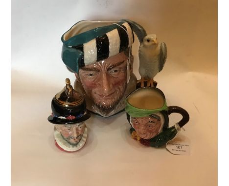 Two Royal Doulton character jugs, The Falconer D6533, Sairey Gamp and a Beefeaters table lighter (3)