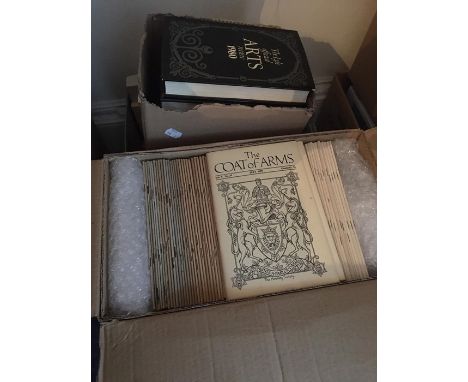 Four boxes of books including Coat of Arms quarterly magazine, Lyles Art price valuations, Vintage magazines, Vintage childre