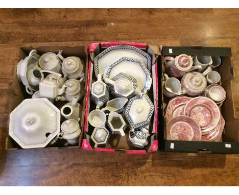 Three boxes comprising a Wedgwood Adams 'Brentwood' part tea, coffee and dinner service, a red and white associated part tea 