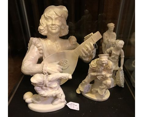 A 20th Century white glazed bust depicting a jolly man playing a lute, impressed marks to back but indistinct, 24cm high, tog