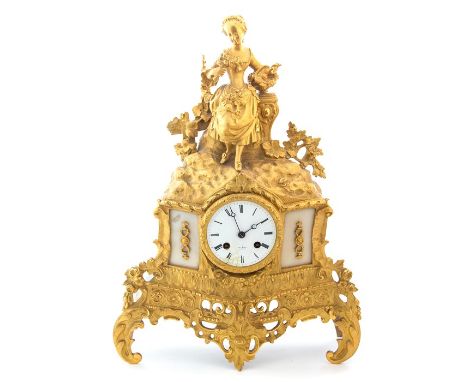 A 19th Century French gilt ormolu bracket clock, circa 1870, surmounted with a girl holding a basket of flowers, 8cm white en