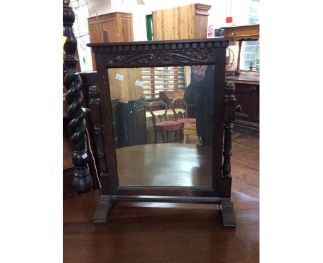 A 20th Century oak mirror double barley twist lamp, (2)