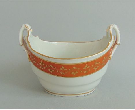 A Barr Worcester, Fine Boat shaped Sucrier. Decorated with Trailing Gilt Vines on a Salmon Ground.Circa: 1795-1800  Incised B