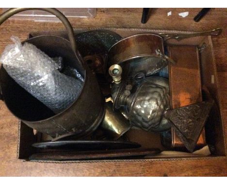 A box of assorted brassware, including two 19th Century candlesticks, a coal bucket, an oil lamp AF, a copper two handled pot