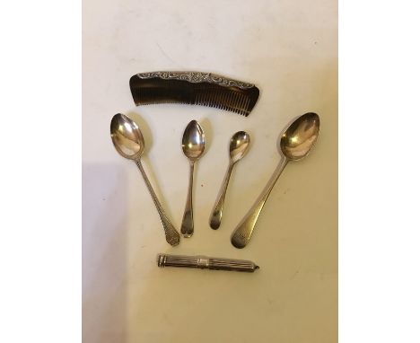 A silver propelling pencil holder, 4 silver spoons and a silver edged comb.