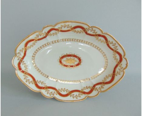 A Worcester Barr Oval Dessert Dish decorated in Gilt with Iron Red Swags and entwined gilt leaf swags.Circa 1795-1800  Incise