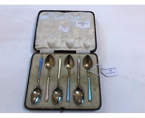 A cased set of six George V silver and enamel teaspoons, Birmingham 1929 (s.d)