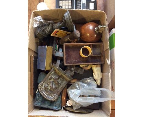 A collection of assorted collectables, including treen figures, chess set, portrait silloette, metal figures, card packs, etc